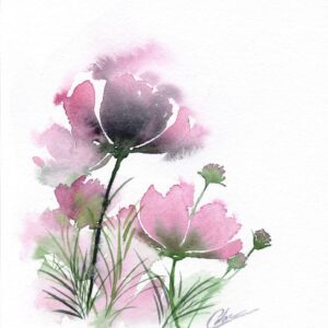 Aquarelle végétale représentant des fleurs violettes dans un champs en gros plan réalisée par Christelle Lachambre artiste-peintre