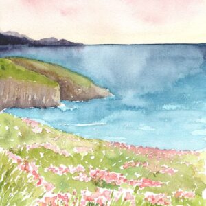 Aquarelle paysage représentant un champs fleuri au dessus de falaises devant la mer réalisée par Christelle Lachambre artiste-peintre