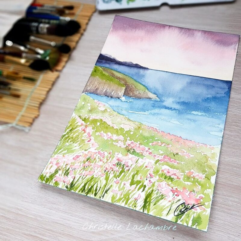 Aquarelle paysage représentant un champs fleuri au dessus de falaises devant la mer en cours de réalisation par Christelle Lachambre artiste-peintre