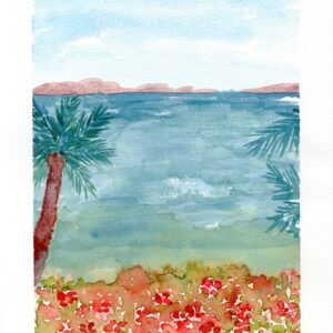 Aquarelle paysage représentant un champs de fleur sous les palmiers devant la mer réalisée par Christelle Lachambre artiste-peintre