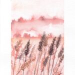Aquarelle paysage fantastique représentant un champs de blé dans les tonalités de roses réalisée par Christelle Lachambre artiste-peintre