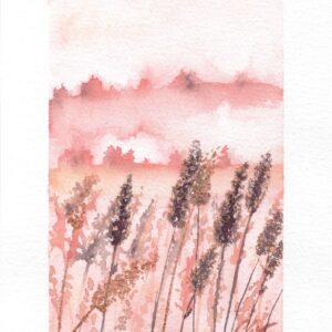 Aquarelle paysage fantastique représentant un champs de blé dans les tonalités de roses réalisée par Christelle Lachambre artiste-peintre