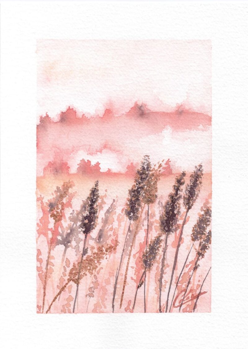 Aquarelle paysage fantastique représentant un champs de blé dans les tonalités de roses réalisée par Christelle Lachambre artiste-peintre