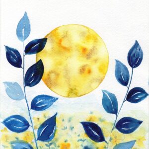 Aquarelle végétale représentant un champs avec des branches bleues et une lune jaune très grande en arrière-plan réalisée par Christelle Lachambre artiste-peintre