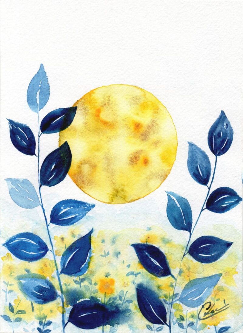 Aquarelle végétale représentant un champs avec des branches bleues et une lune jaune très grande en arrière-plan réalisée par Christelle Lachambre artiste-peintre