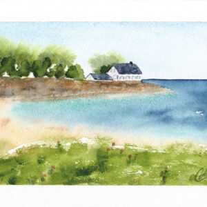 Aquarelle paysage représentant une maison sur la digue, au bord de la mer, avec au premier plan un champs fleuri réalisée par Christelle Lachambre artiste-peintre