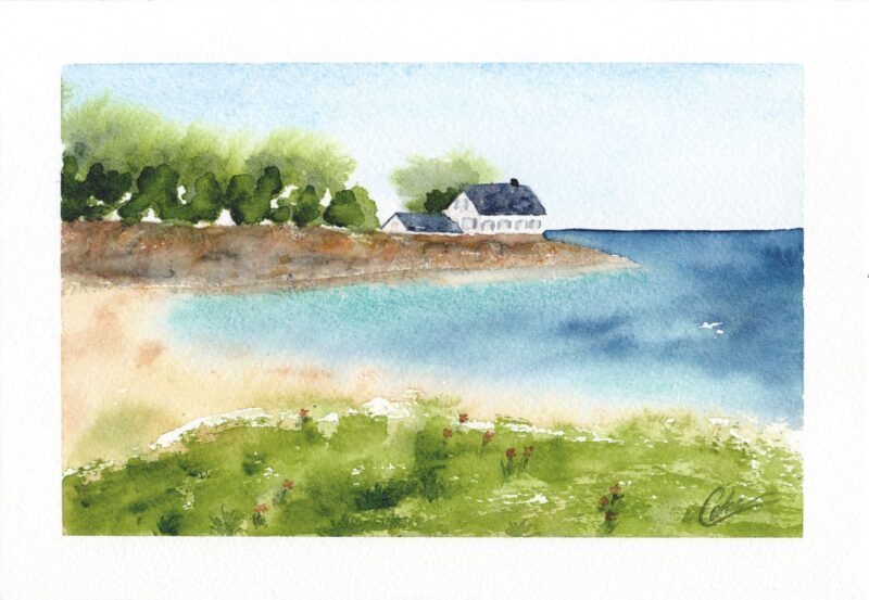 Aquarelle paysage représentant une maison sur la digue, au bord de la mer, avec au premier plan un champs fleuri réalisée par Christelle Lachambre artiste-peintre