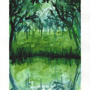 Aquarelle paysage représentant en monochrome vert, un étang et une forêt autour, réalisée par Christelle Lachambre artiste-peintre