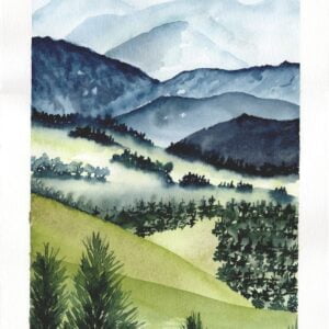 Aquarelle paysage représentant un paysage de vallons et de forêts sous une légère brume, avec des montagne en arrière-plan, réalisée par Christelle Lachambre artiste-peintre