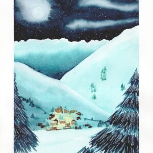 Aquarelle paysage représentant, à travers les sapins du premier plan, un village dans un halo de lumière chaude au sein d'une cuvette entre des montagnes enneigées, réalisée par Christelle Lachambre artiste-peintre