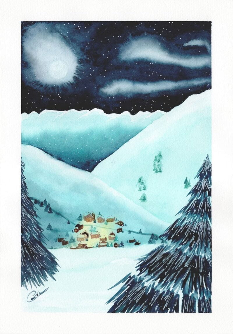 Aquarelle paysage représentant, à travers les sapins du premier plan, un village dans un halo de lumière chaude au sein d'une cuvette entre des montagnes enneigées, réalisée par Christelle Lachambre artiste-peintre