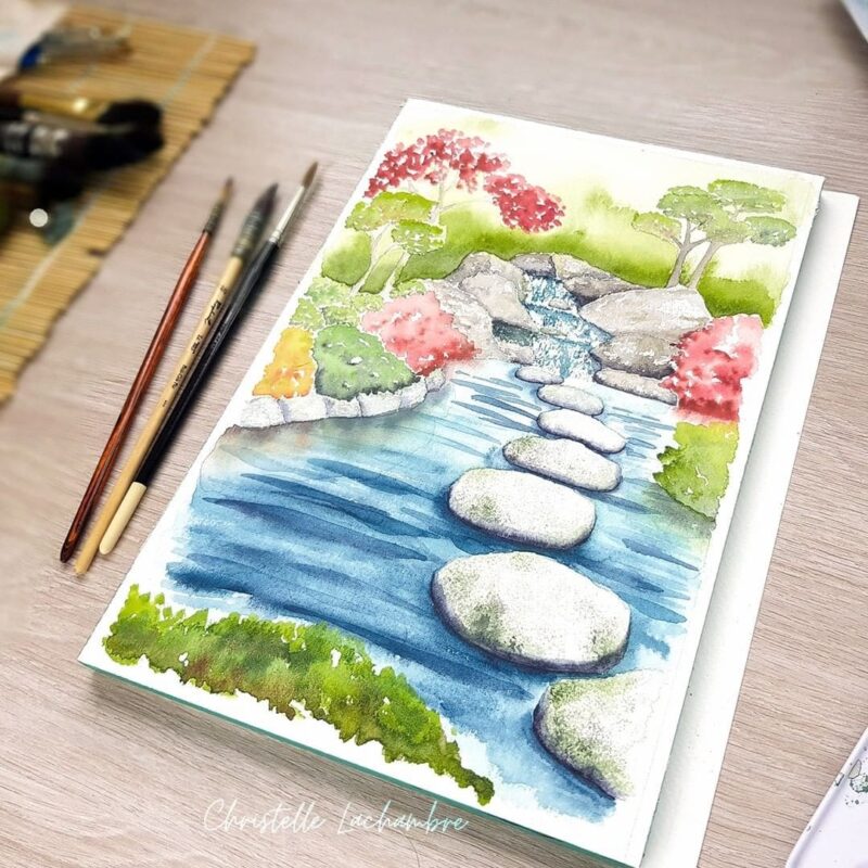 Aquarelle paysage représentant un plan d'eau au jardin japonais en cours de réalisation par Christelle Lachambre artiste-peintre