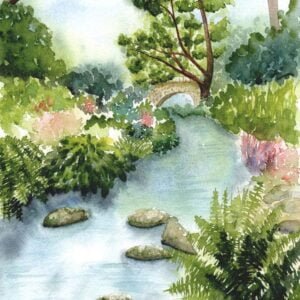 Aquarelle paysage représentant une rivière sous les arbres, passant sous un pont en pierre réalisée par Christelle Lachambre artiste-peintre