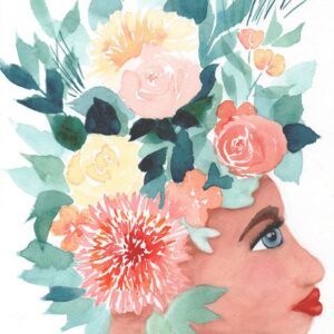 Aquarelle végétale représentant un portrait de femme vue de profil, dont les cheveux sont un bouquet de fleurs et de végétaux réalisée par Christelle Lachambre artiste-peintre