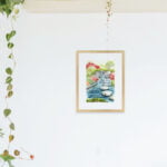 aquarelle moderne Plan d’eau au jardin japonais en décoration intérieure au dessus d'un lit d'une chambre bohème