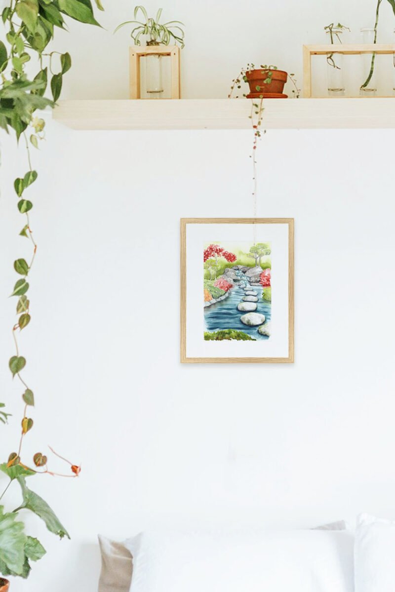 aquarelle moderne Plan d’eau au jardin japonais en décoration intérieure au dessus d'un lit d'une chambre bohème