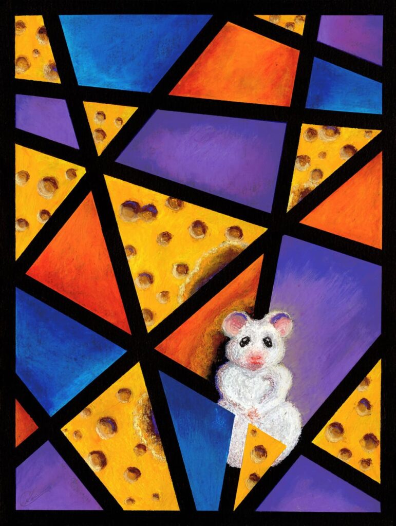 Pastel gras animal fantastique style géométrique représentant une souris au milieu d'un labyrinthe de formes ou de parts de formage réalisée par Christelle Lachambre artiste-peintre