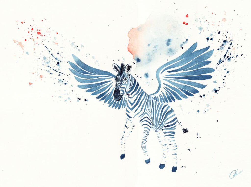 Aquarelle animal fantastique représentant un zèbre avec des ailes qui prend son envol, avec des particules de magie autour de ses ailes réalisée par Christelle Lachambre artiste-peintre