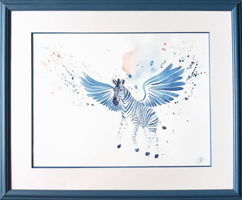 Encadrement de l'envol du zèbre, aquarelle réalisée par Christelle Lachambre artiste-peintre