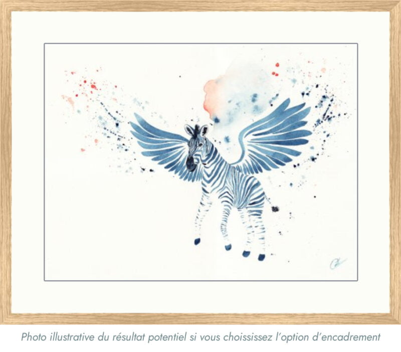 Illustration du rendu potentiel de l'encadrement de l'oeuvre L'envol du zèbre réalisée par Christelle Lachambre artiste-peintre