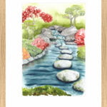 Illustration pdu rendu potentiel de l'option d'encadrement de l'oeuvre Plan d'eau au jardin japonais réalisée par Christelle Lachambre artiste-peintre