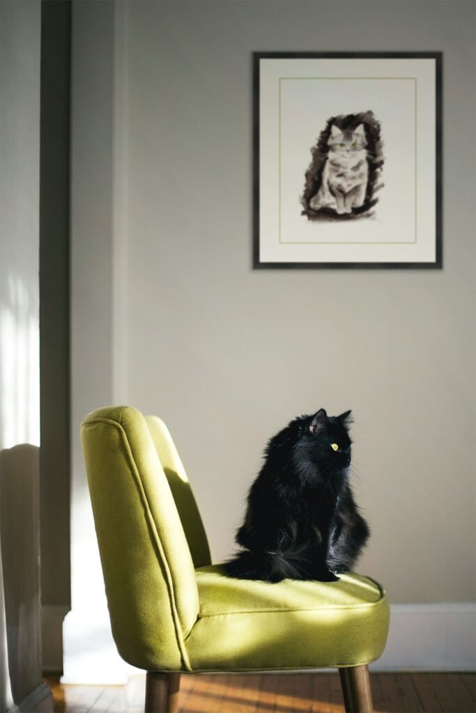 L'aquarelle moderne animalière Grisouille au dessus d'un chat noir assis sur un fauteuil vert