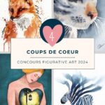 Illustration des 4 oeuvres originales qui ont eu un coup de coeur du jury au concours Figurative Art 2024 : Foxy, Le Regard, Bienveillance envers soi-même et Identité (dé)voilée