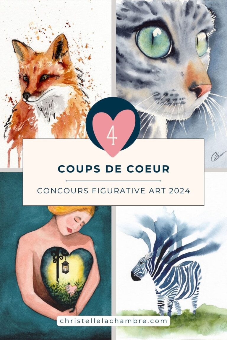 Illustration des 4 oeuvres originales qui ont eu un coup de coeur du jury au concours Figurative Art 2024 : Foxy, Le Regard, Bienveillance envers soi-même et Identité (dé)voilée