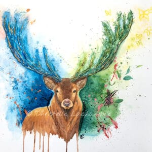 Aquarelle représentant un cerf majestueux entouré d’éléments symbolisant les quatre saisons, sur fond clair, avec les cornes légèrement en volume et teintées de couleur dorées
